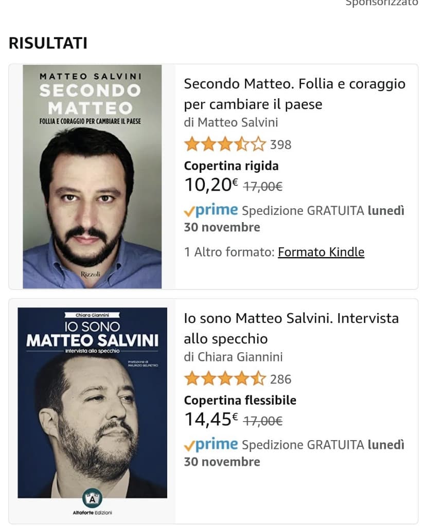 Salvini: Amazon fa concorrenza sleale, deve essere normata (?) 
Sempre Salvini: *vende i suoi libri su amazon*