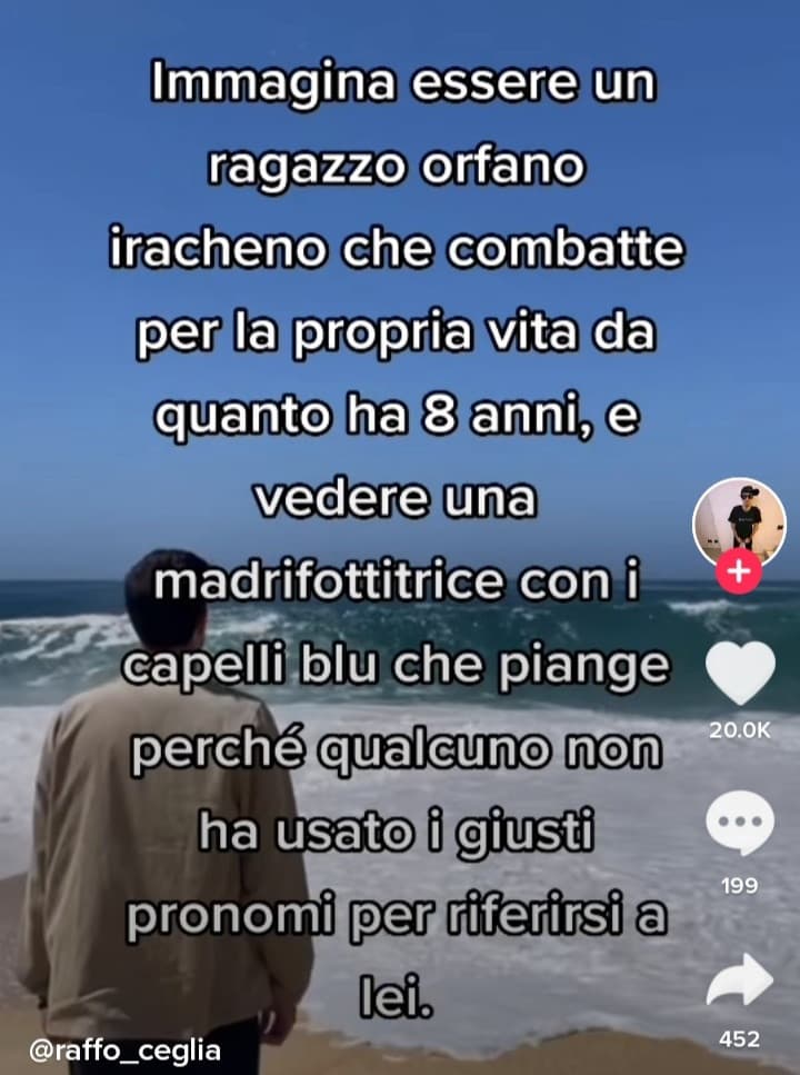 Non potete capire quanto odio sta retorica del "ci sono problemi peggiori". Mi viene voglia di prendere a pugni persone del genere, per poi dire loro di non lamentarsi, visto che nel mondo c'è di peggio.