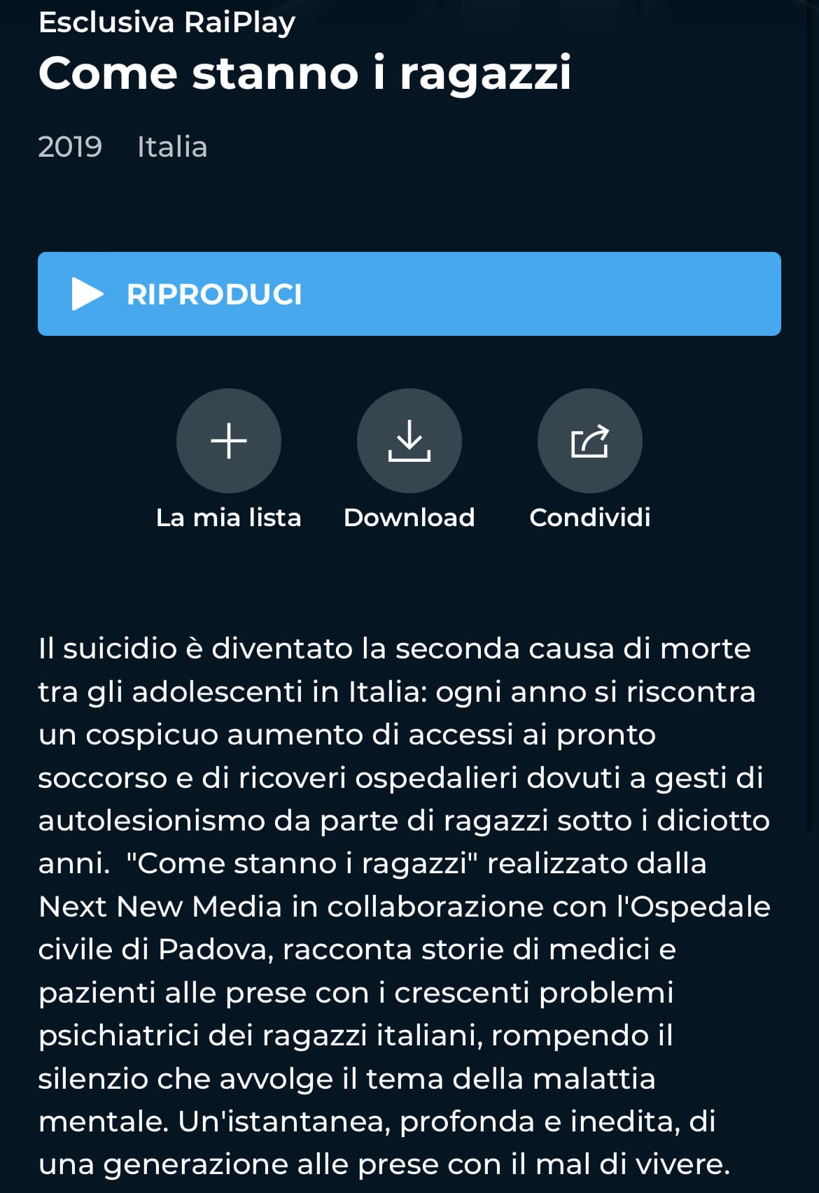 Di solito la sera leggo e guardo cose del genere. L’ho già detto che RaiPlay per certi versi è meglio di Netflix/Prime video/ecc. , fa vedere la realtà qui in Italia, temi trattati dal punto di vista culturale che c’è qui da noi. 