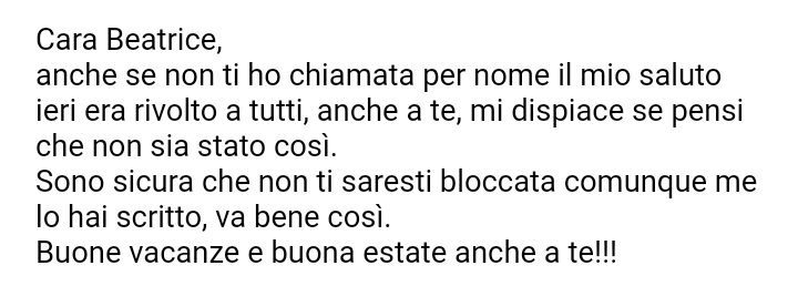 adoro questa mia prof, quando ho bisogno mi sfogo con lei; ieri volevo salutarla direttamente e/o augurarle una buona estate ma per l'ansia non sono riuscita (soffro di un disturbo d'ansia) eh niente <3