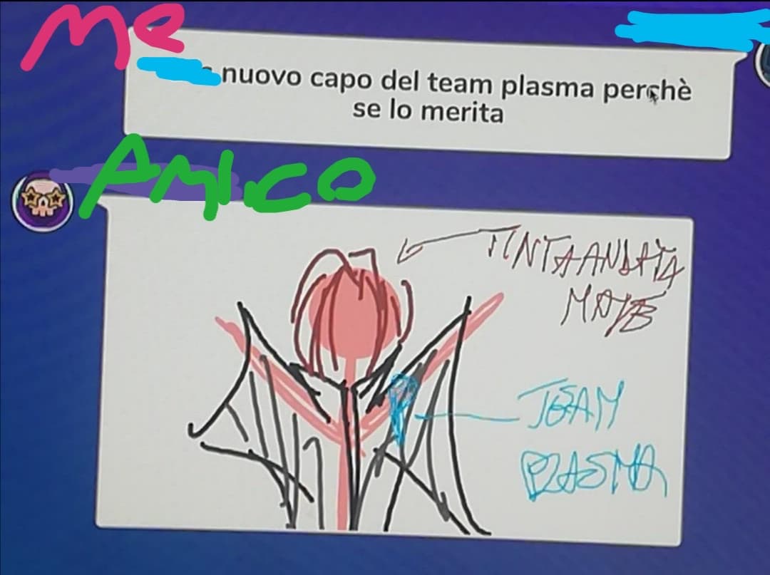 Oggi ho provato gartic phone...e ho passato il tempo a disegnare pony che si friendzonavano e Putin.
Ma vi lascio queste perla scritta da me e disegnata dal mio bestie