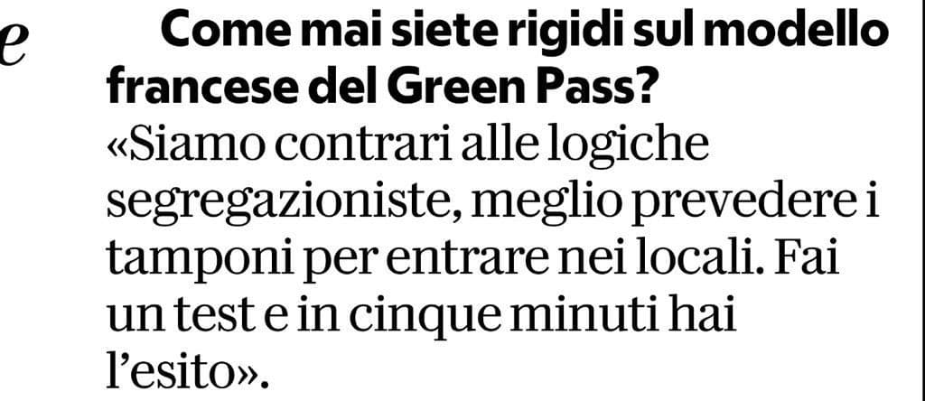 So, non vuole il Green Pass che è ottenibile anche con un tampone negativo valido per 48 ore, ma vuole un tampone ogni volta che si entra in un locale per tutti? Ah si, devono essere questi i famosi ictus a 16 anni