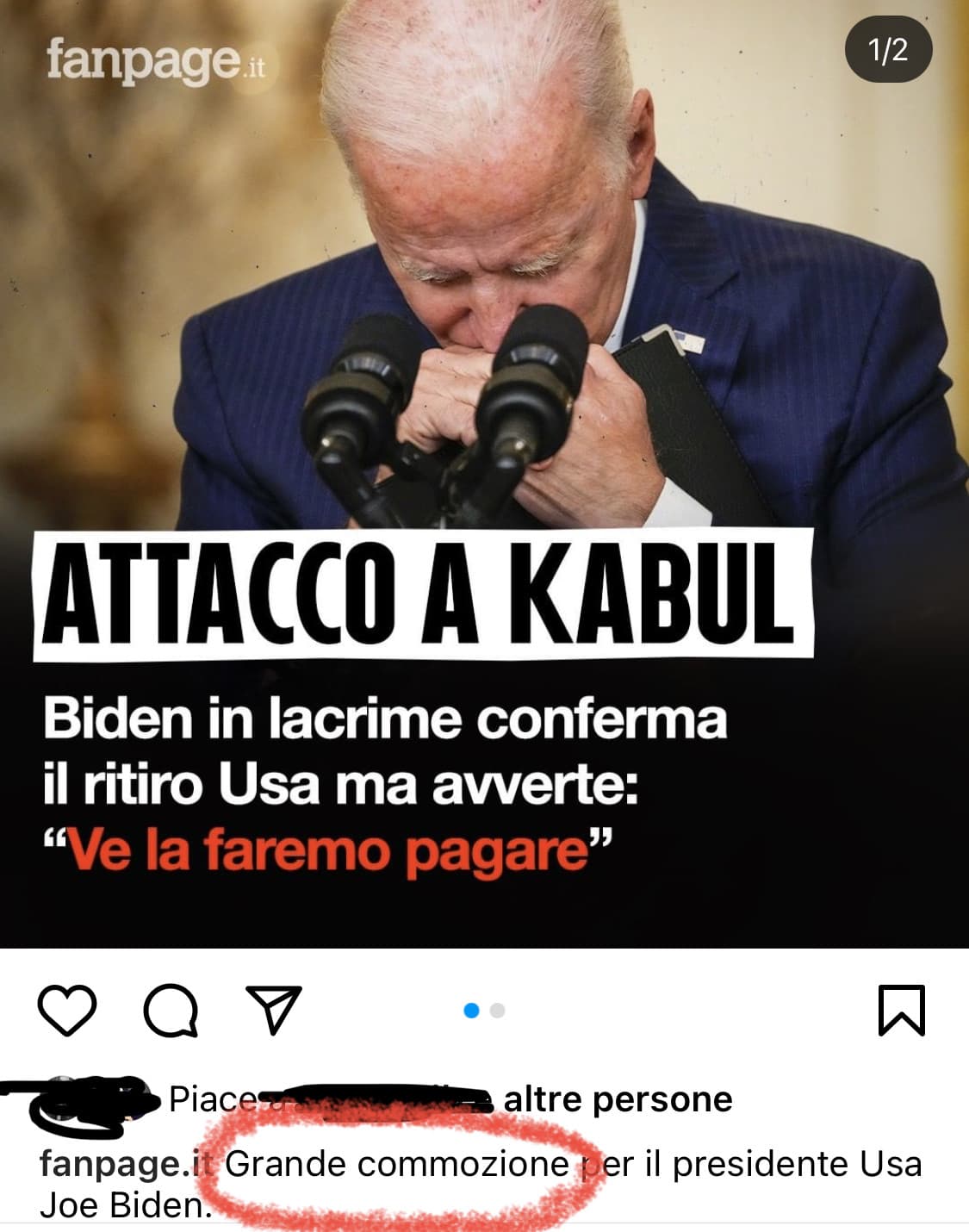 Stimo molto Joe Biden, ma chi ha visto veramente il video, e non solo le foto, sa che si è messo così a coprirsi la faccia perché non sapeva come rispondere ad un giornalista, non per l’emozione . (Video sotto)