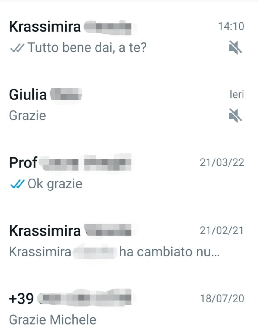 Le mie chat archiviate. Notare come di queste due siano la mia ex, una sia sua madre, un'altra sia la prof morta e l'ultima sia Giulia, per quanto mi dispiaccia tenerla lì silenziata tuttora. Penso sia lampante quanto adoro la mia ex