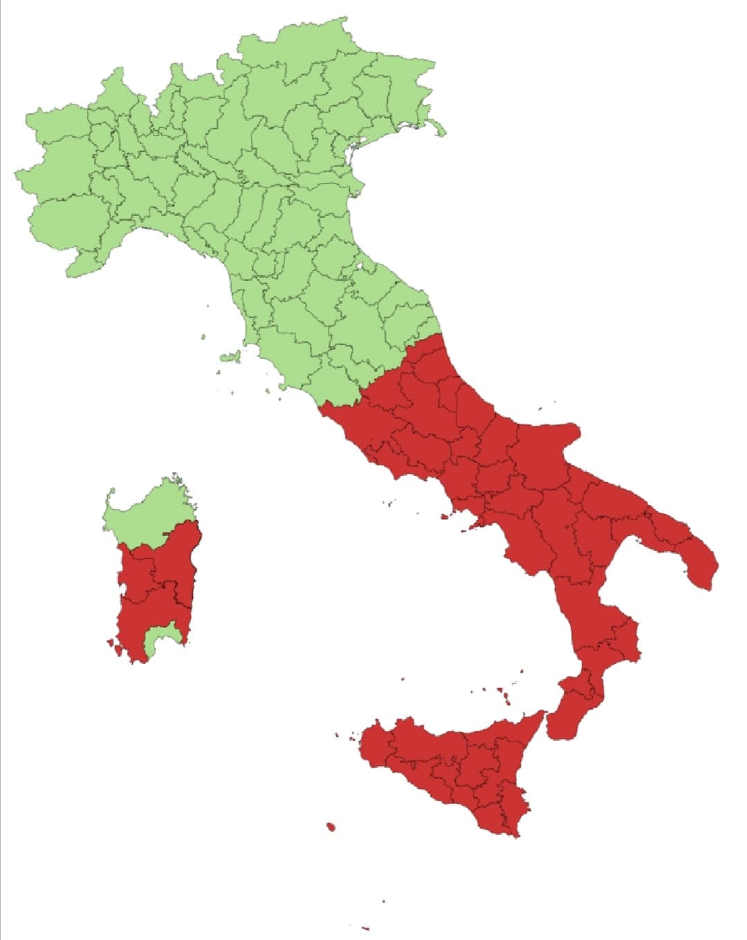 Mappa che mostra la produzione italiana per provincia (verde sopra la media nazionale, rosso sotto la media) Fonte ISTAT 2019