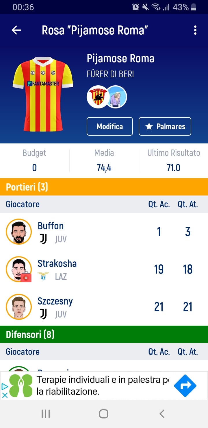 Ciao, seguo il calcio da 2 anni e questo è il mio primo Fantacalcio. Regole base di Fantamaster però GOAL DIFENSORE +4, GOAL RIGORE +2. Partenza di 500 crediti, finito con 0. Siamo in 6 (pochi) e sono arrivato all'attacco con 173 crediti, quello che ne ave