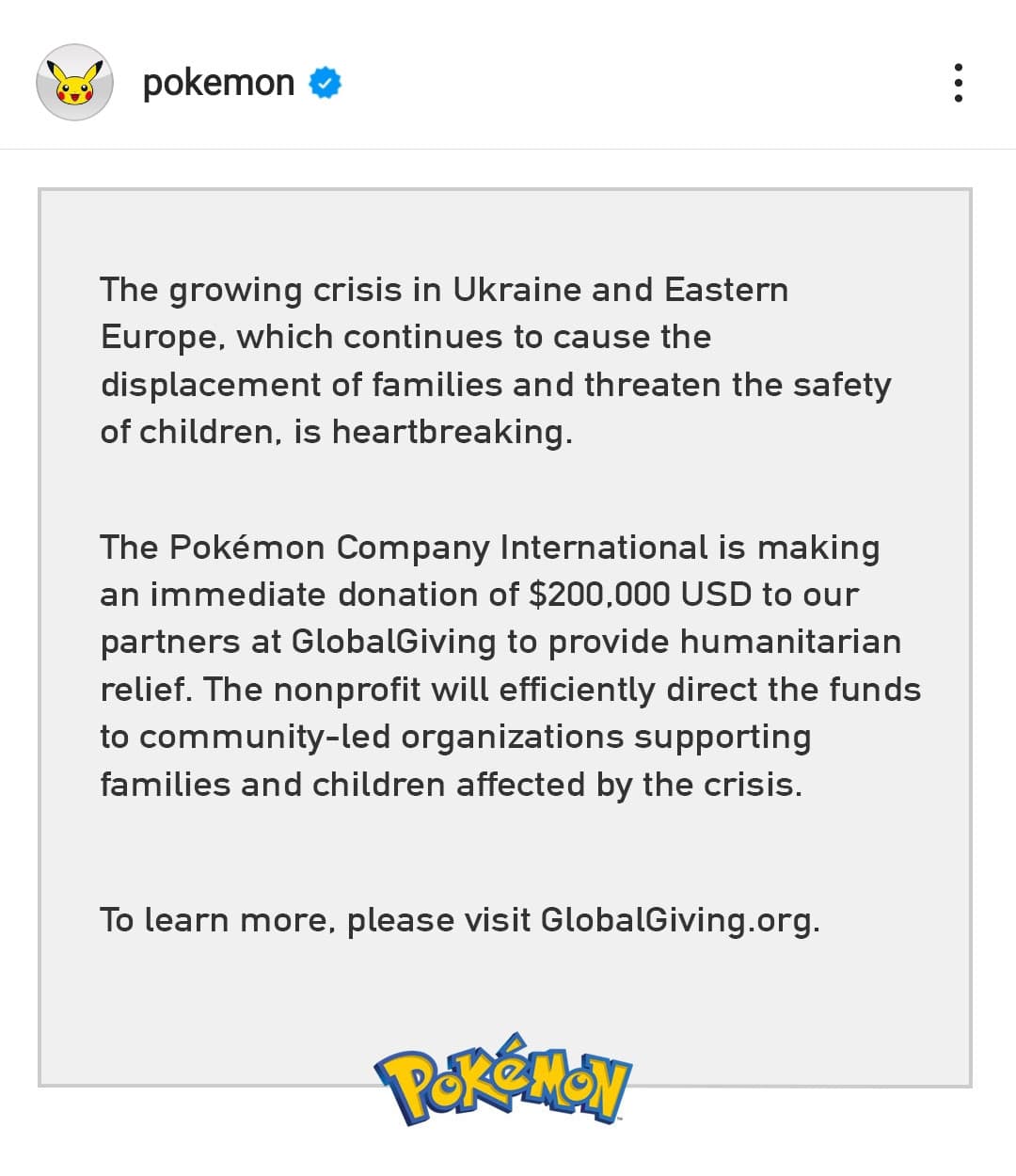 Pokémon ha donato in beneficienza 200mila dollari che andranno a supporto delle famiglie colpite dalla guerra 