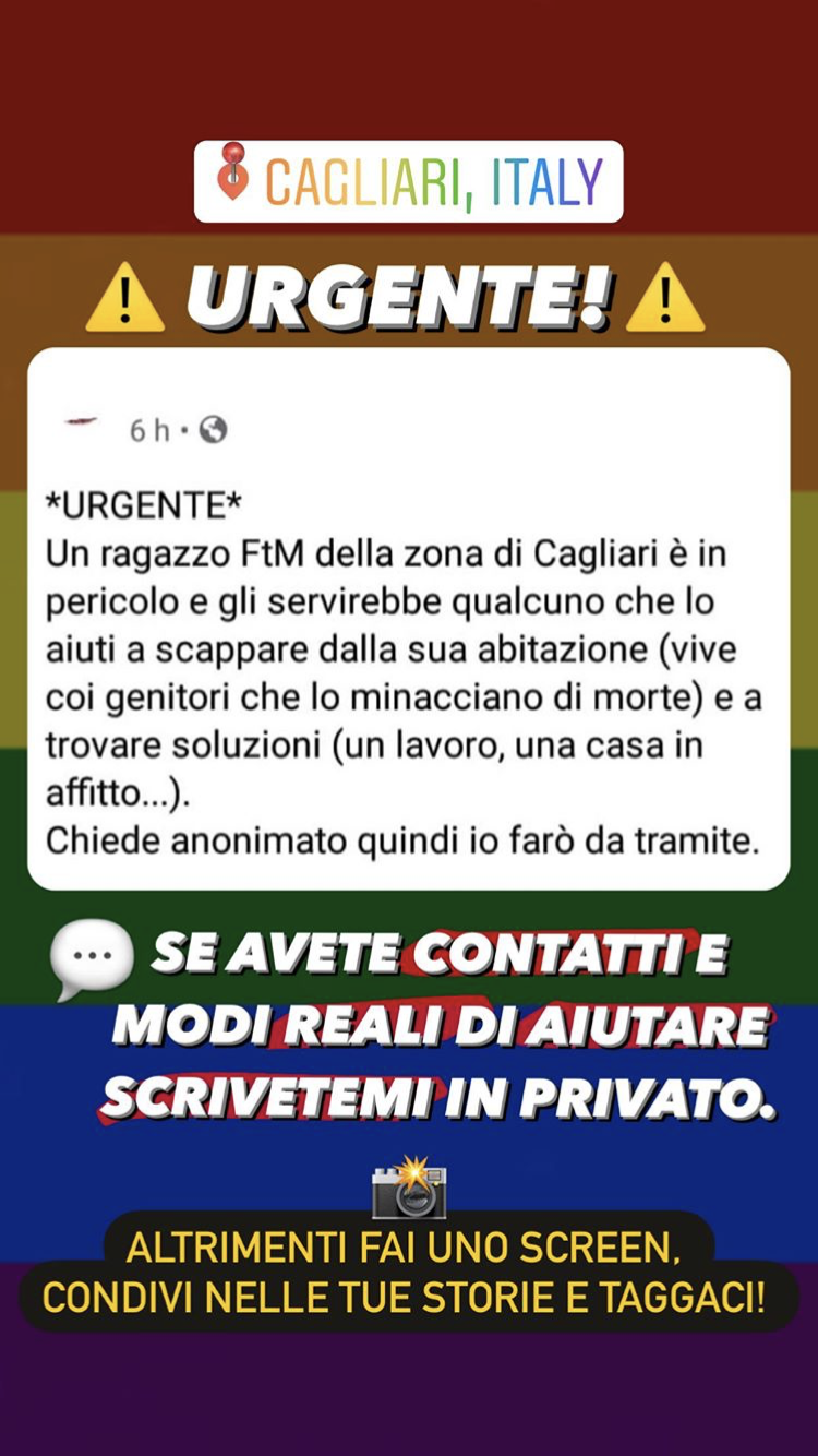 Amici cagliaritani scrivete a @/ omofobiainitalia su insta se potete dare una mano 