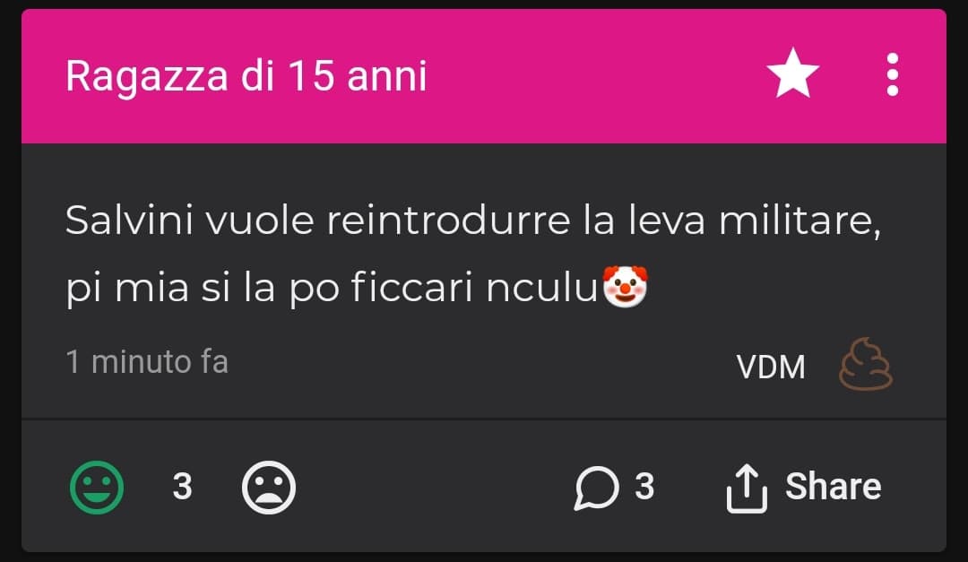 Giusto per farvi toccare con mano il livello di mio padre: da sempre uno che a momenti rivorrebbe Mussolini, tempo fa mi ha detto di non votare Conte che rivuole la leva obbligatoria. L'affermazione era di Salvini. Gliel'ho detto e ci è rimasto male. Pover