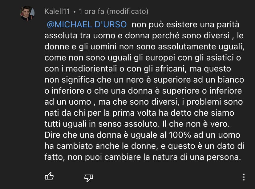 No secondo me dovrebbe esserci una parità assoluta perché se no che parità è. Se non è assoluta non è parità 