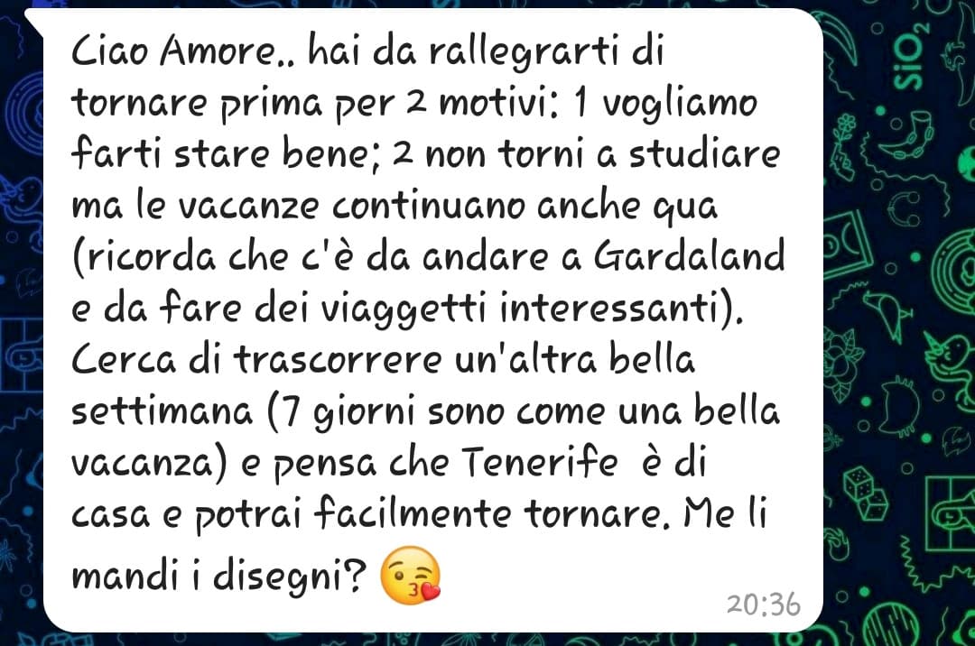 Certo padre, sono proprio felice guarda, non ho pianto per praticamente tutto il giorno, tranquillo, ho preso bene il ritorno vorrei solo uccidermi guarda