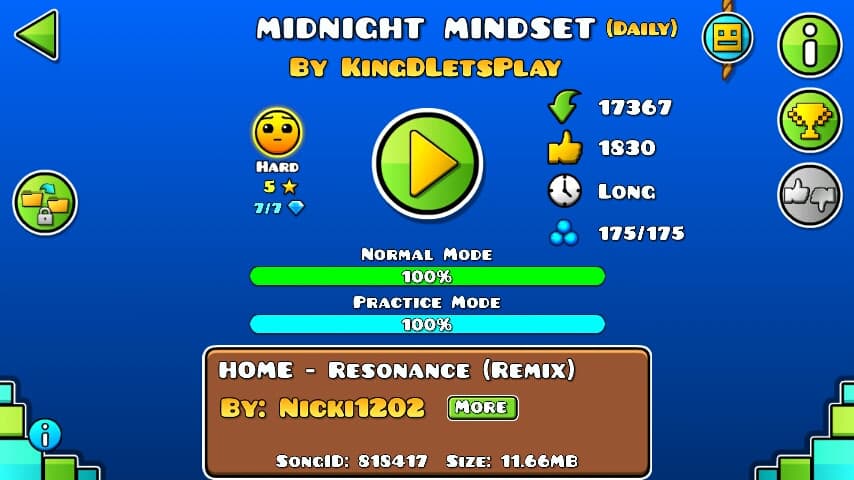 Midnight Mindset 100%; By KingDLetsPlay; (Difficoltà: Hard 5?); (Grado: Normal)