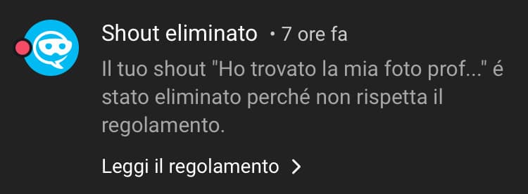 Era uno shout con momo, senza bestemmie e senza nulla. Posso sapere il motivo per cui una cosa immaginaria è contro il regolamento?