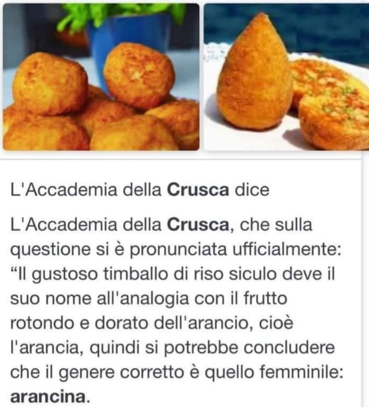 Noi ci teniamo che voi non-palermitani sappiate che state sbagliando. L'arancina è fimmina. Liberissimi comunque di chiamarla con l'errore che vi aggrada maggiormente?