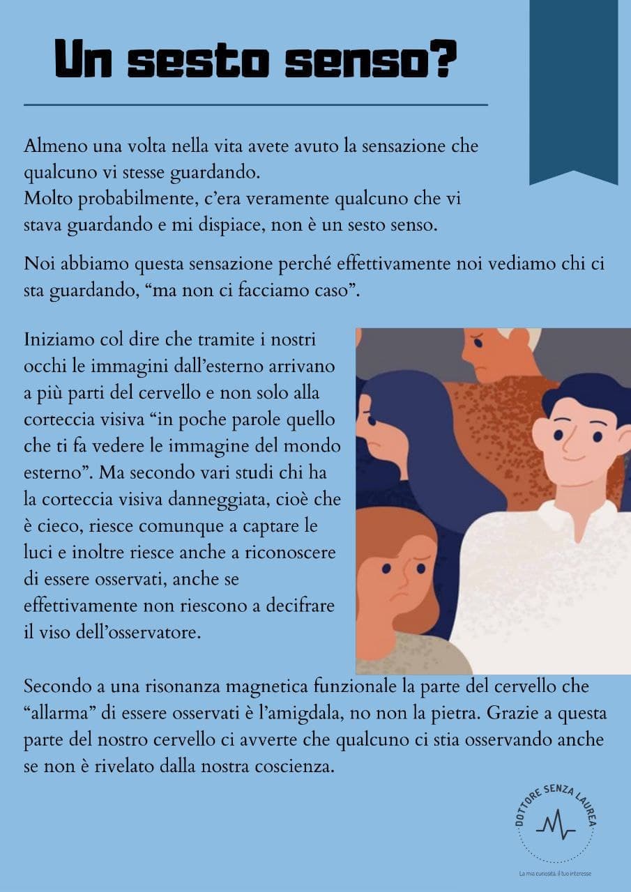 avete mai avuto la sensazione che qualcuno vi stesse guardando?
Se volete vedere altri post come questo, entrate nel canale telegram: https://t.me/dottoresenzalaurea