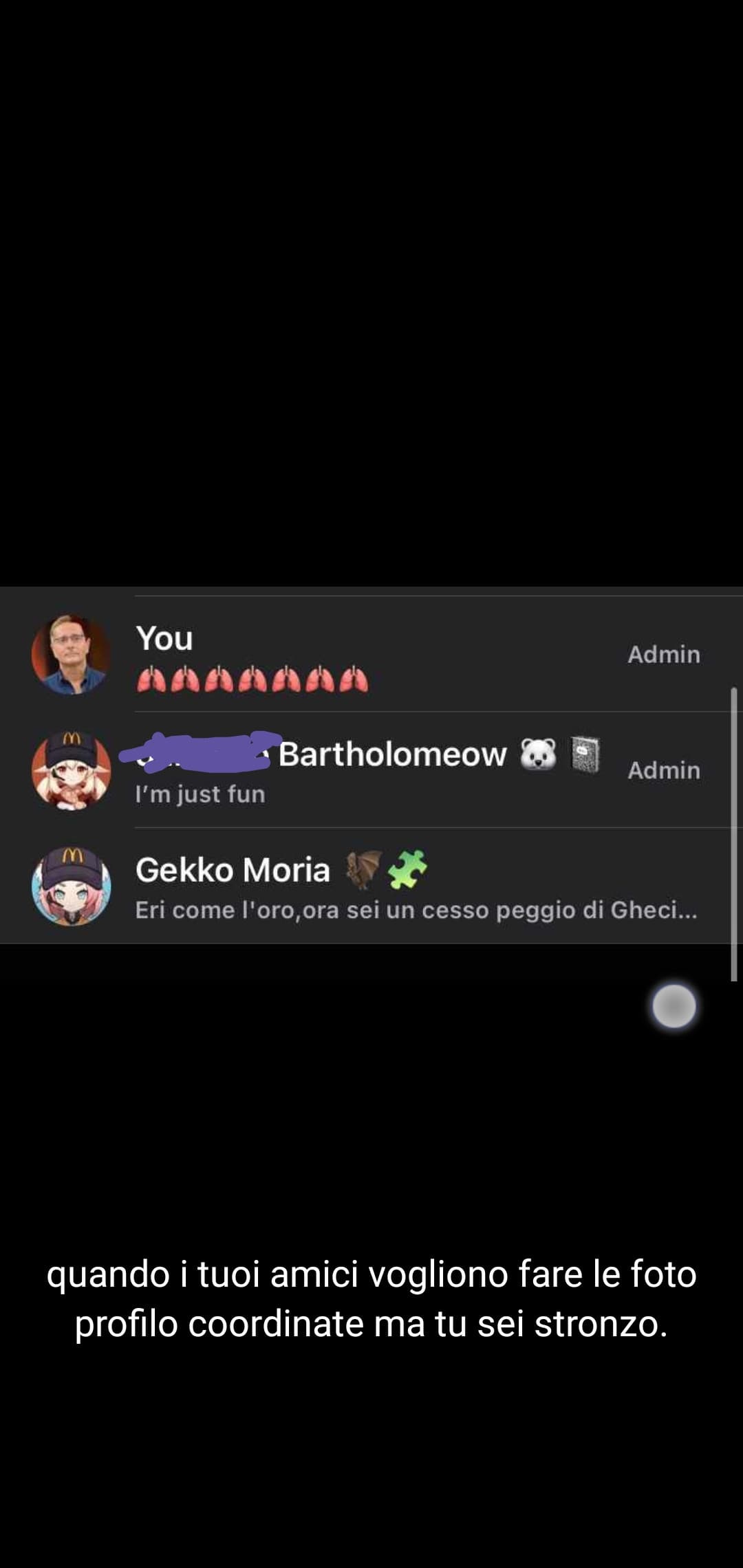 Screen del mio amico sul fatto che è uno stronzo e non vuole fare macht sul trio delle bambine di genshin >:(