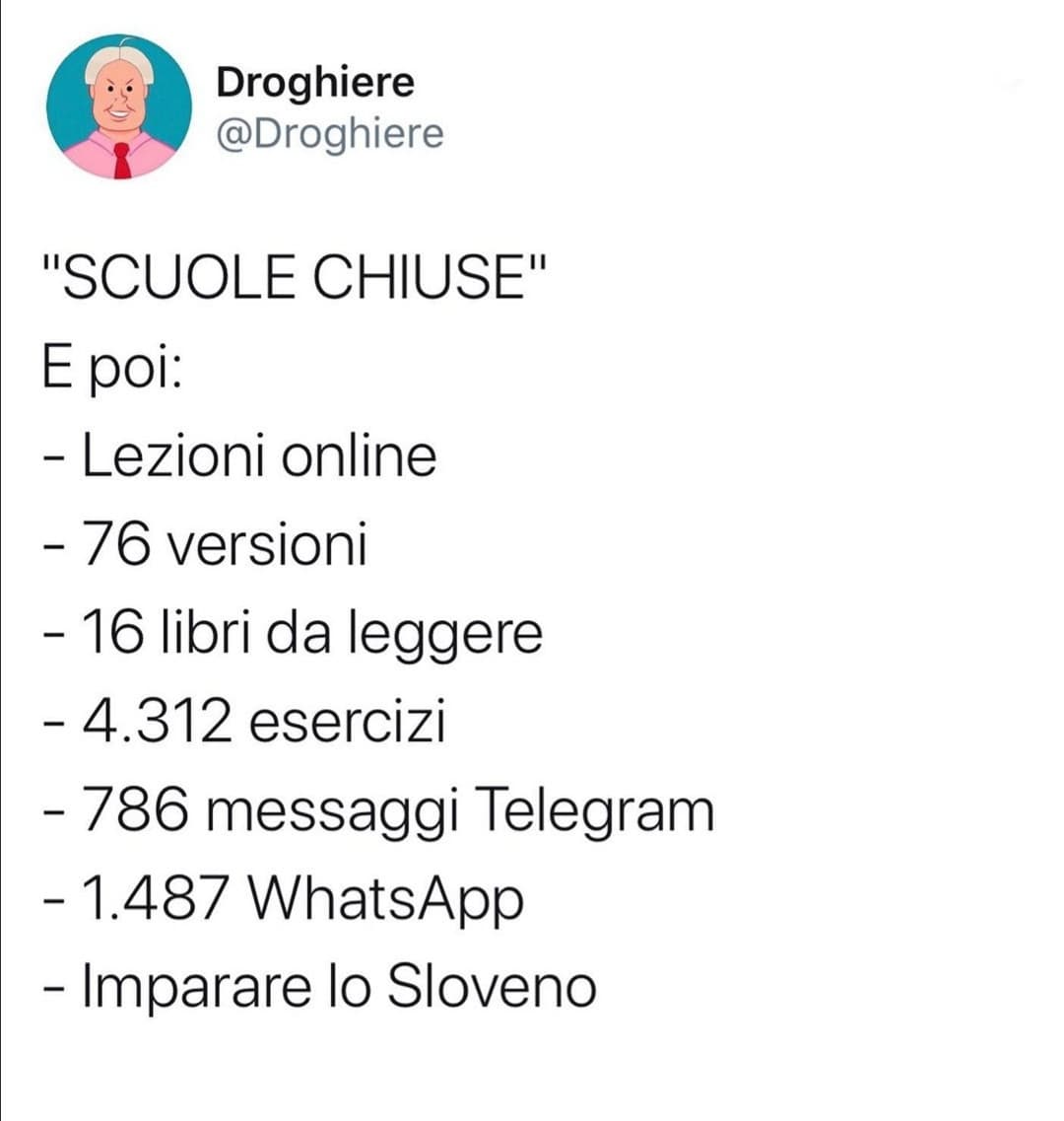 Ma non siete in vacanza, lo volete capire? È normale che dobbiate fare qualcosa. Avete idea di quante cose avrete da recuperare una volta che l'emergenza sarà finita? 