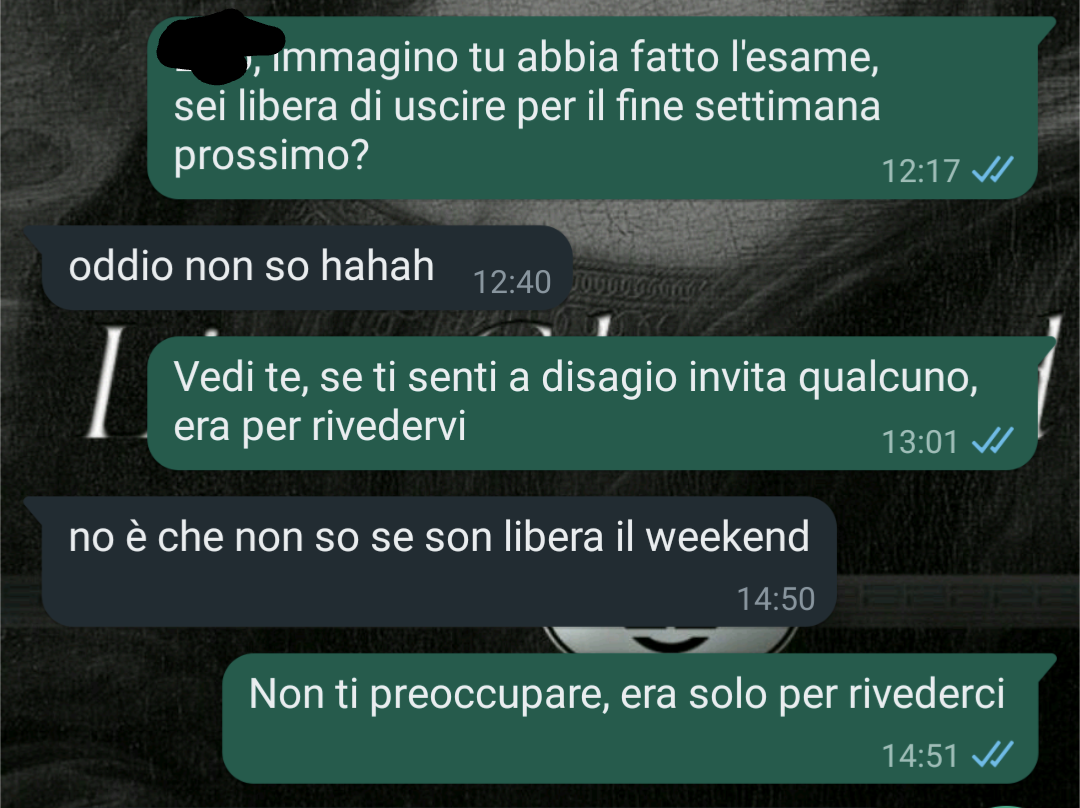 Mi aveva detto che se ne riparlava dopo l'esame, dite che è un altro palo? Io dico di sì. Ho smesso di contarli.