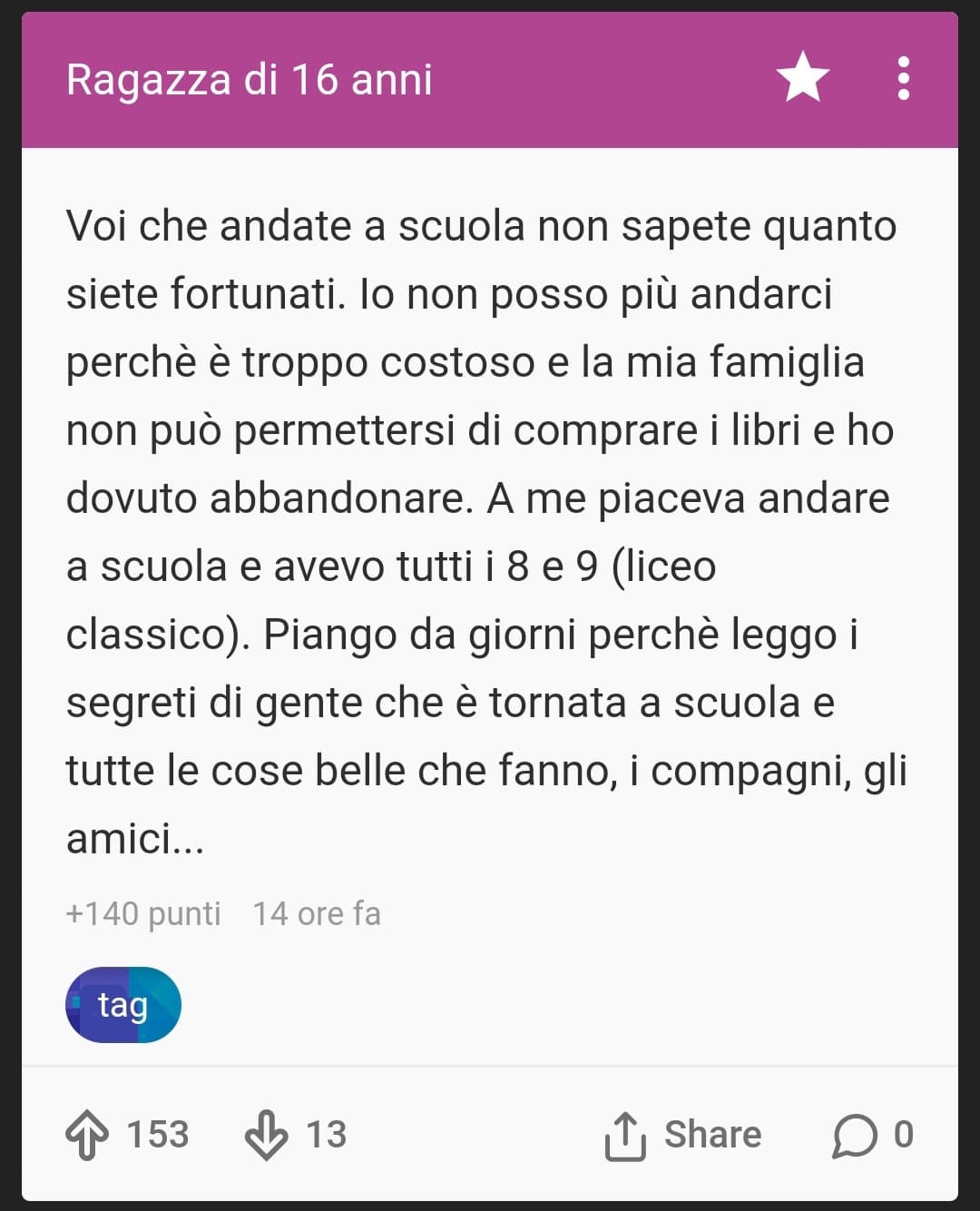 Mi spiace, non dubito che sia vero o altro, però persino in Italia una cosa così non dovrebbe essere possibile, perché 1 le scuole pubbliche non costano praticamente nulla, 2 se la vostra situazione economica è così pessima aiuti dallo stato in un modo o n