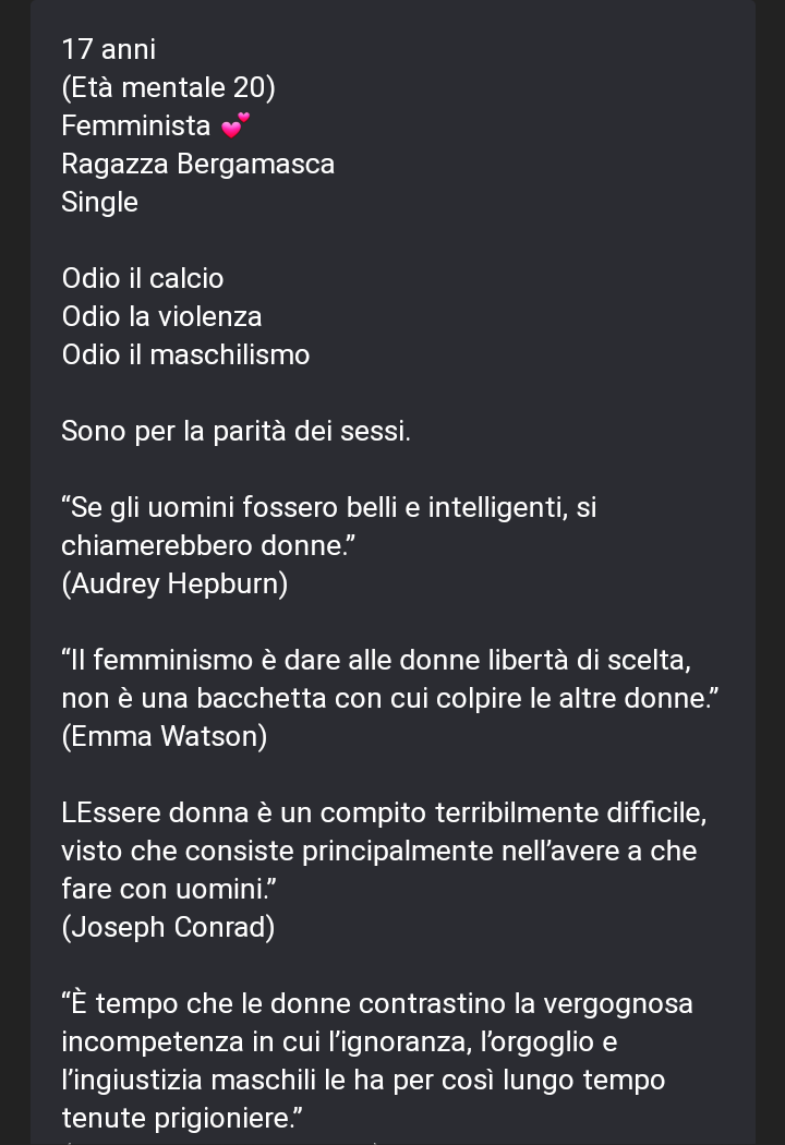 io giuro che ora mi inca*** in una maniera incredibile...IL FEMMINISMO È PER LA PARITÀ DEI SESSI OK? SE DUCI DI ESSERE FEMMINISTA CHE C**** MI VIENI A SCRIVERE CHE SE GLI UOMINI SONO INTELLIGENTI ALLORA SONO DONNE?! anni 17 età mentale 0 C**** ZEROOOOOOOOO