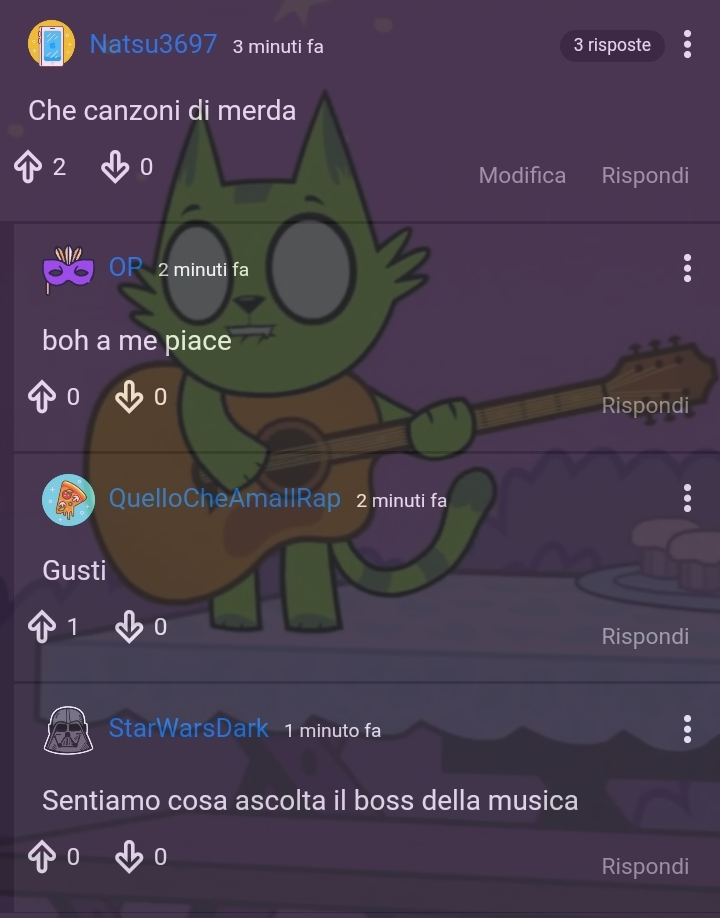 A me fanno troppo ridere quelli che si incazzano quando si critica una canzone. Cioè, anch'io ho sentito molta gente definire merda canzoni che mi piacciono. Ma non stavo lì, con spada e scudo in mano, a difendere quel cantante 