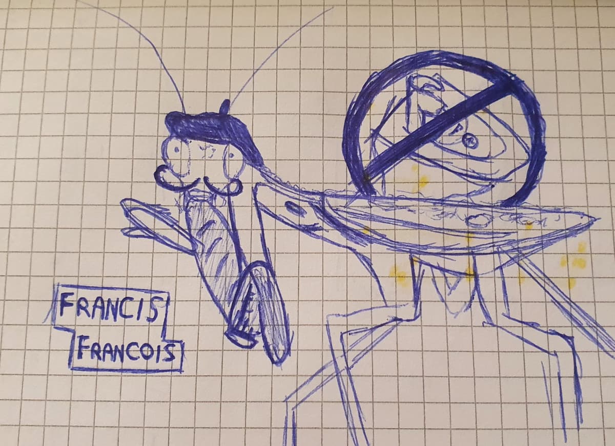 Io che mentre il prof sgrida quelli che hanno copiato disegno una mantide Francese: