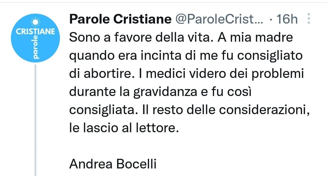 Bocelli nasce nel '58. L'aborto era illegale, e gli esami durante la gravidanza non esistevano, tantomeno gli screening per il glaucoma. Ergo: Bocelli ha mentito e voi sostenete un bugiardo... 