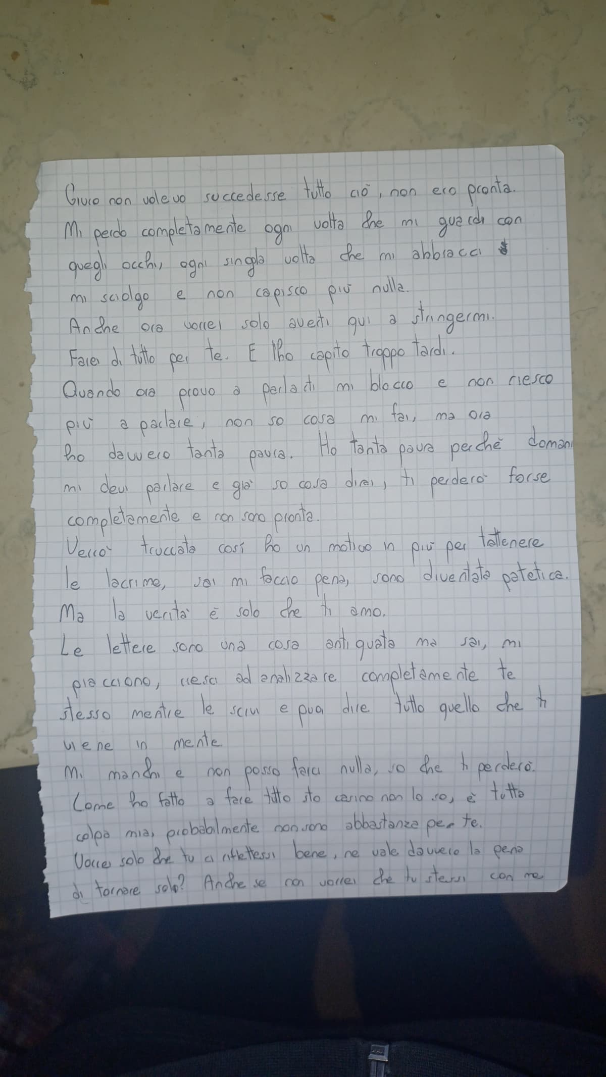 Gli ho scritto quella lettera che gli do domani, dopo avermi probabilmente detto che si è pentito di star tornando con me e mentre mi starà abbandonando, sceglierà lui se leggerla subito o dopo da solo. Premessa, sono pensieri buttati giù uno dopo l'altro,