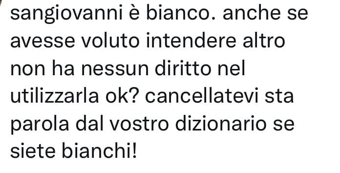 ma è offensiva indistintamente dal colore della pelle, ma si sa su Twitter non ragionano. Anche perché se dovessi dire questo mi direbbero che sono bianco privilegiato etero 